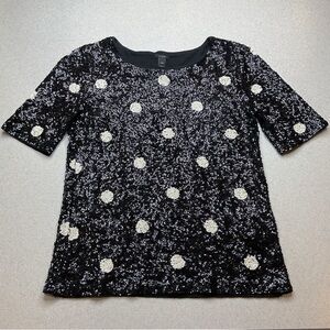 J. Crew Polka Dot Sequin Top XXS Black &‎ Cream Short Sleeve